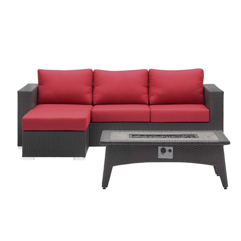 Modway Convene 3-Piece Outdoor Wicker Rattan Set with Fire Pit - Espresso/Red