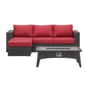 Modway Convene 3-Piece Outdoor Wicker Rattan Set with Fire Pit - Espresso/Red