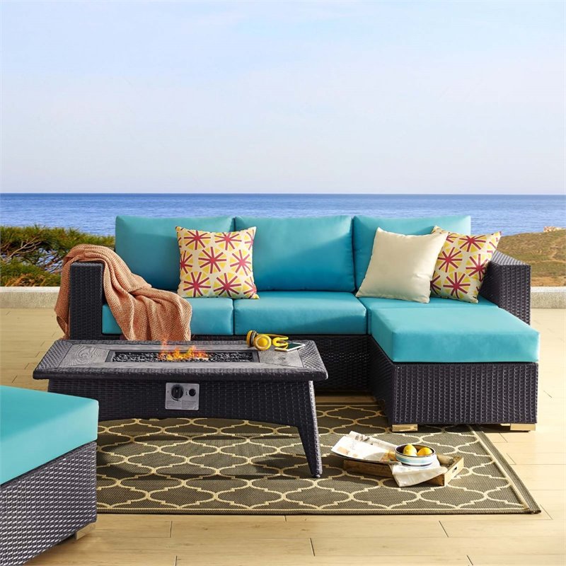 Modway Convene 3 Piece Patio Sofa Set with Fire Pit in Espresso and Turquoise
