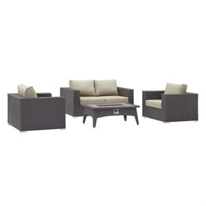 Modway Convene 4-Piece Outdoor Wicker Rattan Set with Fire Pit in Espresso/Beige