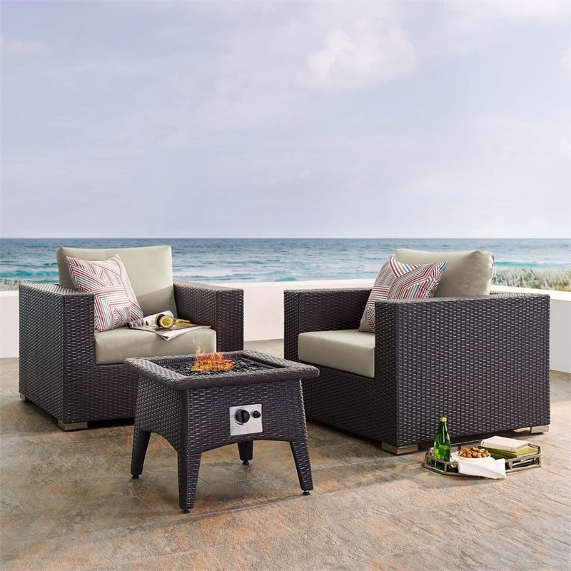 Modway Convene 3-Piece Outdoor Wicker Rattan Set w/ Fire Pit in Espresso/Beige