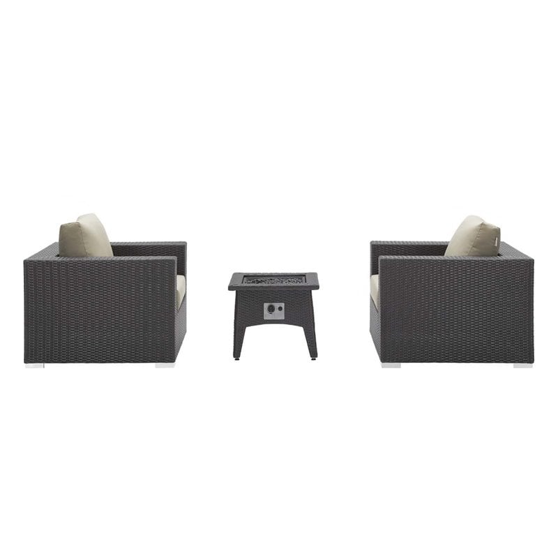 Modway Convene 3-Piece Outdoor Wicker Rattan Set w/ Fire Pit in Espresso/Beige