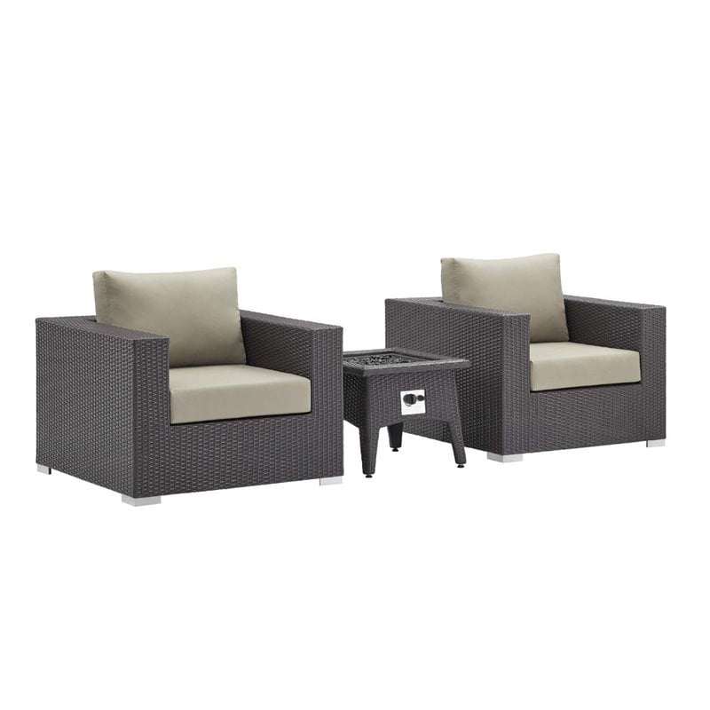 Modway Convene 3-Piece Outdoor Wicker Rattan Set w/ Fire Pit in Espresso/Beige