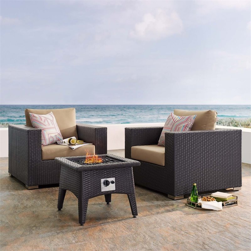 Modway Convene 3-Piece Outdoor Wicker Rattan Set w/ Fire Pit in Espresso/Mocha