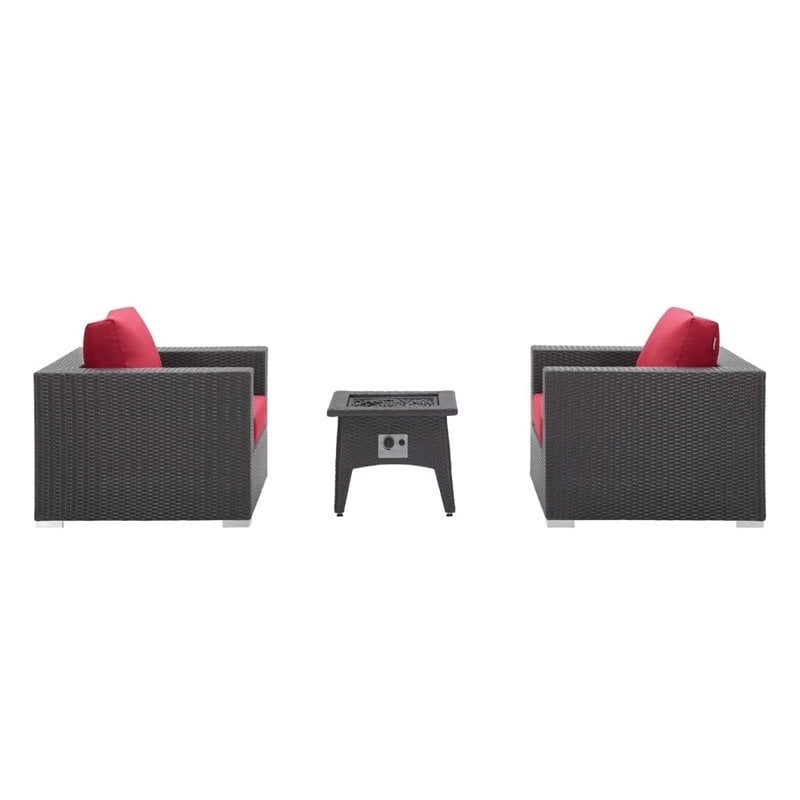 Modway Convene 3-Piece Outdoor Wicker Rattan Set w/ Fire Pit in Espresso/Red