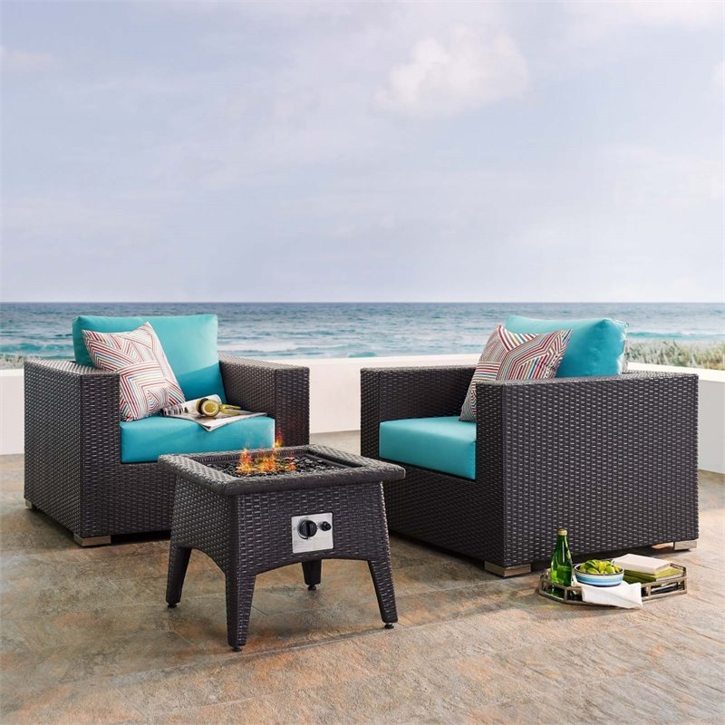 Modway Convene 3-Piece Patio Wicker Rattan Set w/ Fire Pit - Espresso/Turquoise