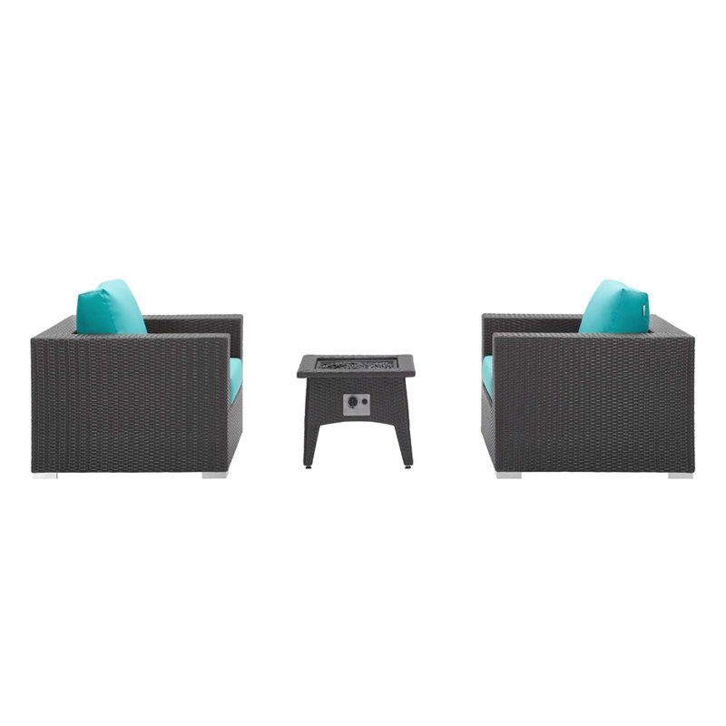 Modway Convene 3-Piece Patio Wicker Rattan Set w/ Fire Pit - Espresso/Turquoise