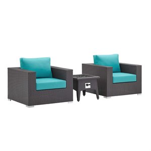Modway Convene 3-Piece Patio Wicker Rattan Set w/ Fire Pit - Espresso/Turquoise