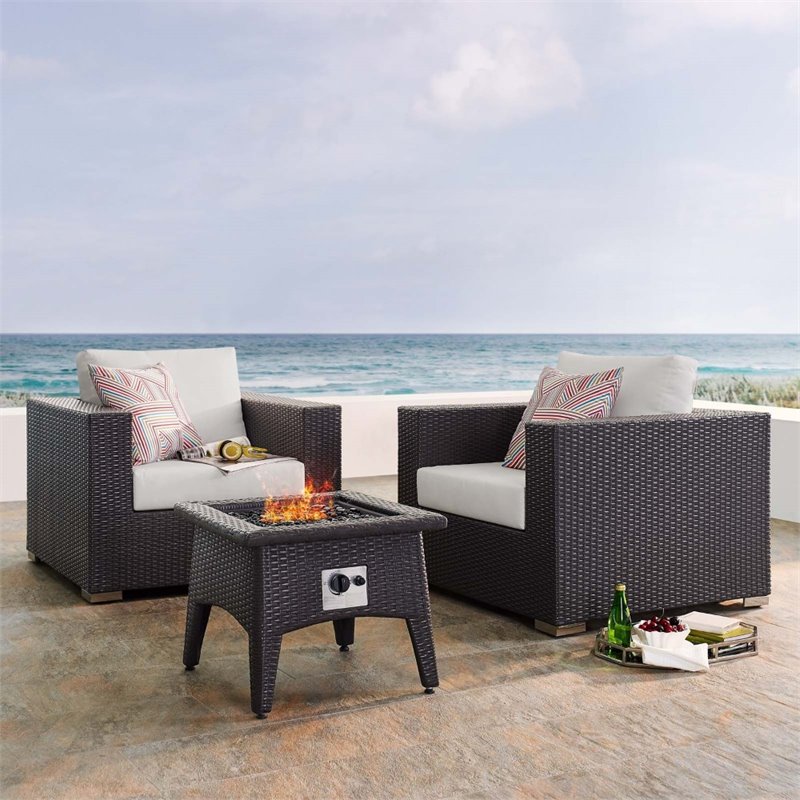 Modway Convene 3-Piece Outdoor Wicker Rattan Set w/ Fire Pit in Espresso/White