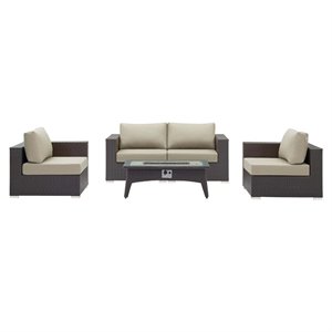 Modway Convene 5-Piece Outdoor Wicker Rattan Set with Fire Pit in Espresso/Beige