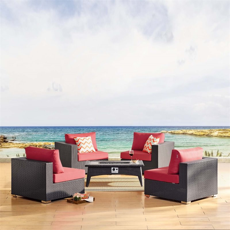 Modway Convene 5 Piece Patio Sofa Set with Fire Pit in Espresso and Red