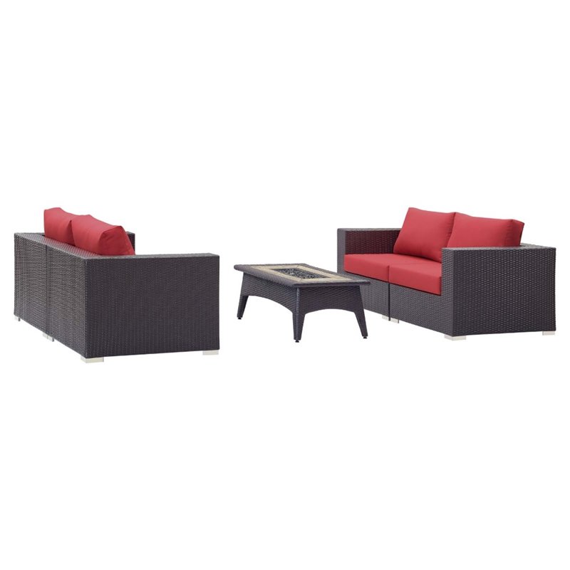 Modway Convene 5 Piece Patio Sofa Set with Fire Pit in Espresso and Red