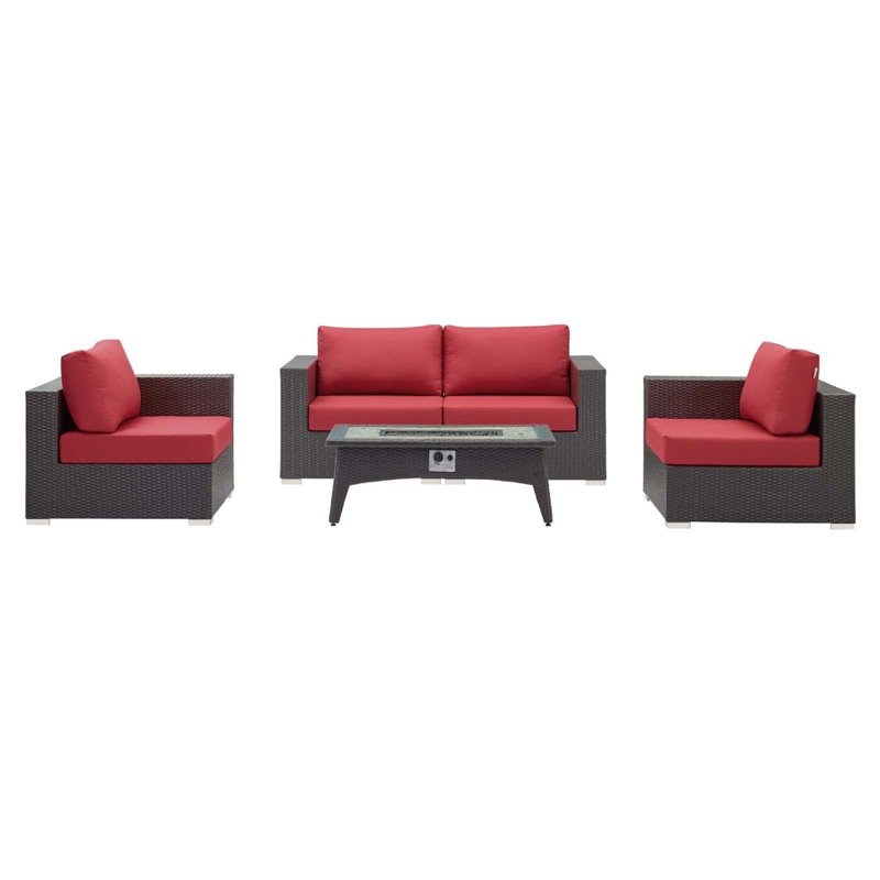 Modway Convene 5 Piece Patio Sofa Set with Fire Pit in Espresso and Red
