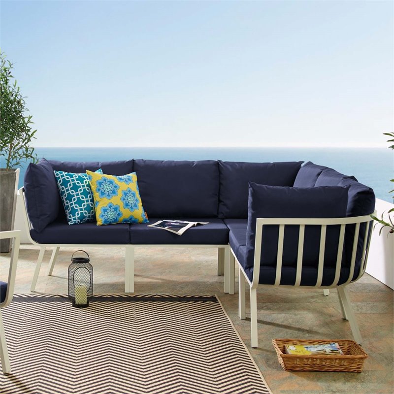 Modway Riverside 5-Piece Outdoor Patio Aluminum Sectional in White/Navy