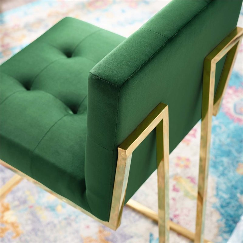 Privy Gold Stainless Steel Performance Velvet Bar Stool in Gold Emerald