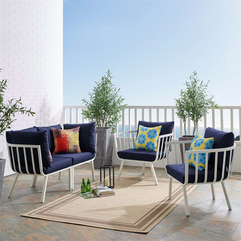 Modway Riverside 4-Piece Outdoor Patio Aluminum Set in White/Navy