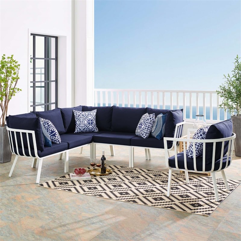 Modway Riverside 6-Piece Outdoor Patio Aluminum Set - White/Navy