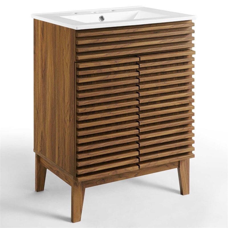 Modway Render Modern Style Wood Bathroom Vanity in Walnut and White