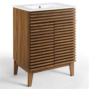 Modway Render Modern Style Wood Bathroom Vanity in Walnut and White
