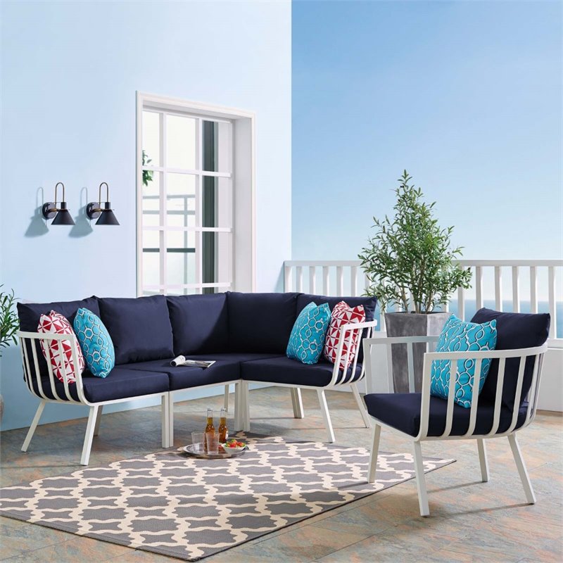 Modway Riverside 5-Piece Outdoor Patio Aluminum Set - White and Navy