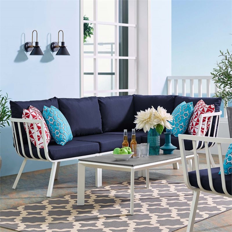 Modway Riverside 5-Piece Outdoor Patio Aluminum Set in White/Navy
