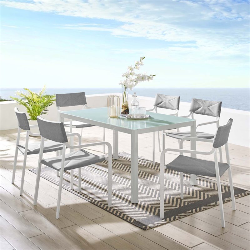 Modway Raleigh 7-Piece Aluminum Fabric Outdoor Patio Dining Set in White/Gray
