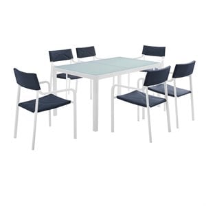 Modway Raleigh 7-Piece Aluminum Fabric Outdoor Patio Dining Set in White/Navy