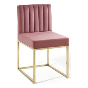 Modway Carriage 19&quot Channel Tufted Sled Base Velvet Dining Chair in Gold/Pink