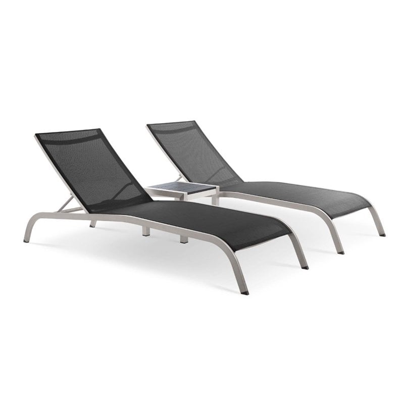 Modway Savannah 3-Piece Modern Aluminum Lounge Chair with Side Table in Black