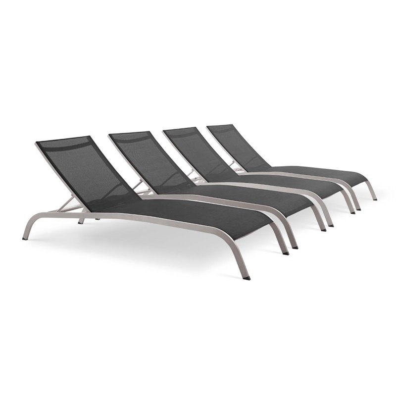 Modway Savannah Modern Aluminum Patio Chaise Lounge in Black (Set of 4)