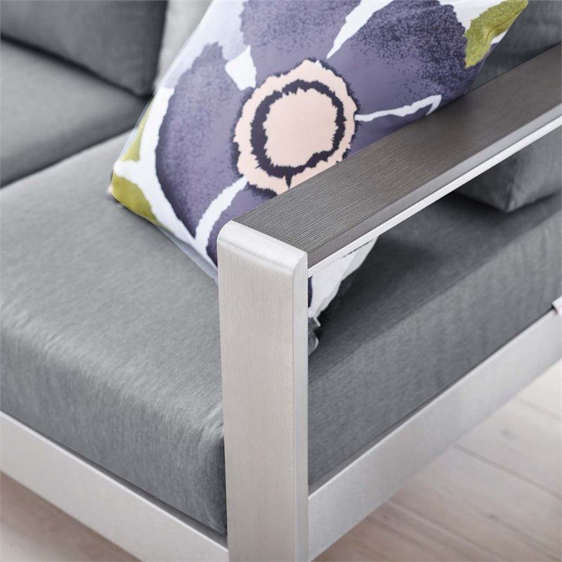 Modway Shore Outdoor Patio Aluminum and Fabric Sofa in Silver/Gray
