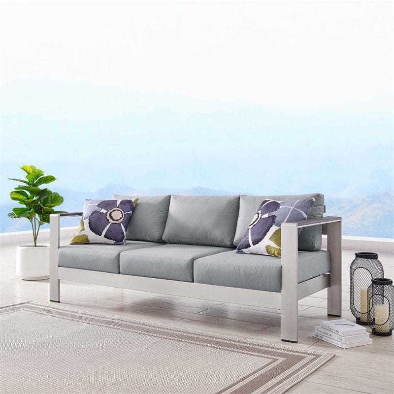 Modway Shore Outdoor Patio Aluminum and Fabric Sofa in Silver/Gray