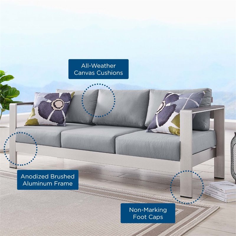 Modway Shore Outdoor Patio Aluminum and Fabric Sofa in Silver/Gray