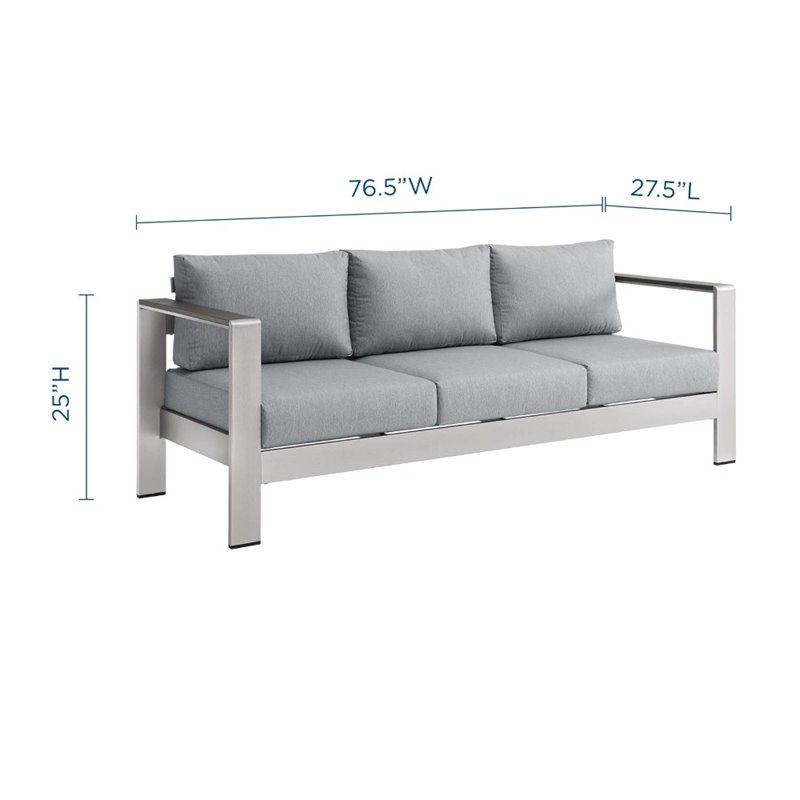 Modway Shore Outdoor Patio Aluminum and Fabric Sofa in Silver/Gray