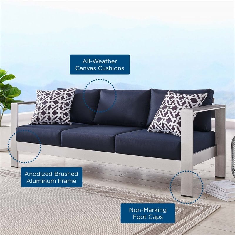 Modway Shore Outdoor Patio Aluminum and Fabric Sofa in Silver/Navy