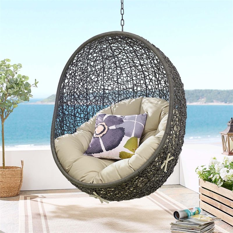 Modway Hide Modern Rattan/Fabric Outdoor Swing Chair with Stand in Beige/Gray