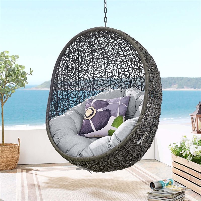 Modway Hide Modern Rattan/Fabric Outdoor Swing Chair with Stand in Gray
