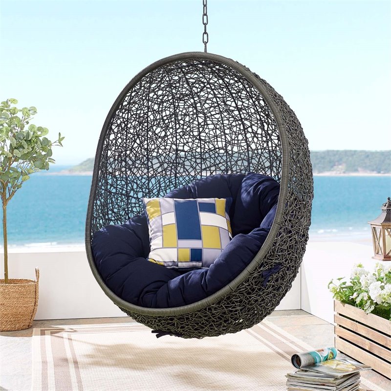 Modway Hide Modern Rattan/Fabric Outdoor Swing Chair with Stand in Navy/Gray