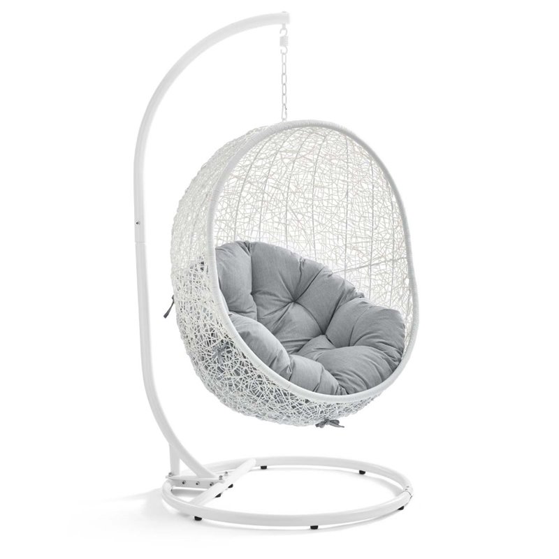 Modway Hide Modern Rattan/Fabric Outdoor Swing Chair with Stand in White/Gray