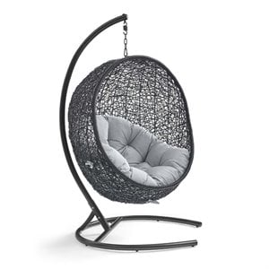 Modway Encase Modern Rattan/Fabric Outdoor Swing Chair with Stand in Black/Gray