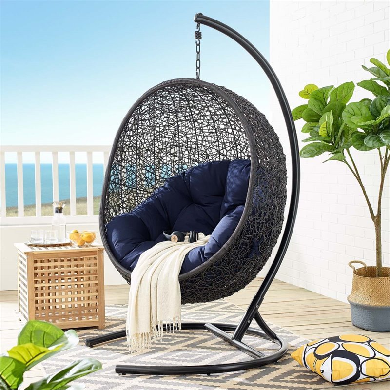 Modway Encase Modern Rattan/Fabric Outdoor Swing Chair with Stand in Black/Navy