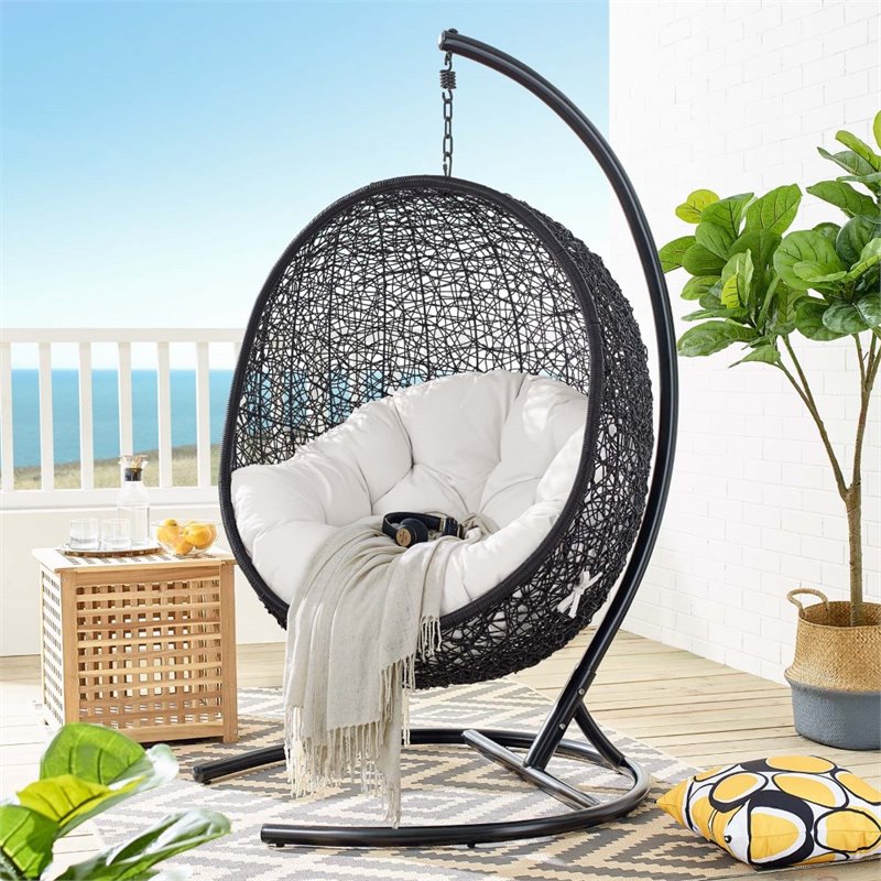 Modway Encase Modern Rattan/Fabric Outdoor Swing Chair with Stand in Black/White
