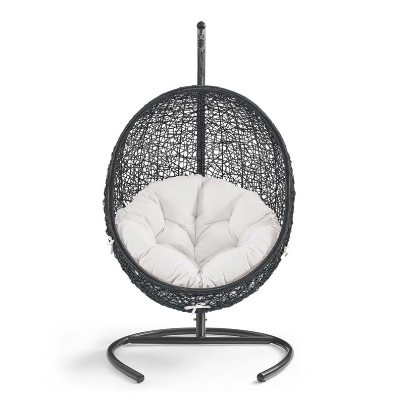 Modway Encase Modern Rattan/Fabric Outdoor Swing Chair with Stand in Black/White