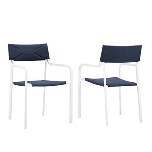 Modway Raleigh 34&quot Modern Fabric Outdoor Patio Armchair in White/Navy (Set of 2)