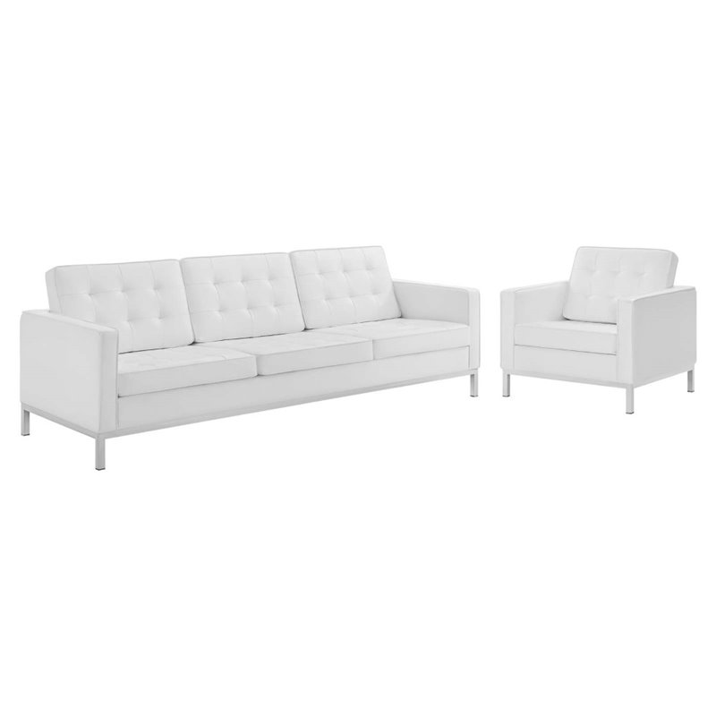 Modway Loft 2-Piece Modern Tufted Faux Leather Sofa and Armchair Set in White