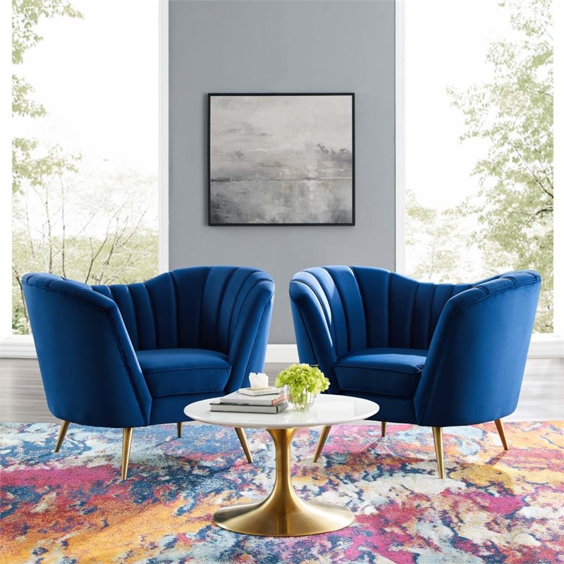Modway Opportunity Modern Velvet Armchair Set in Gold/Navy (Set of 2)