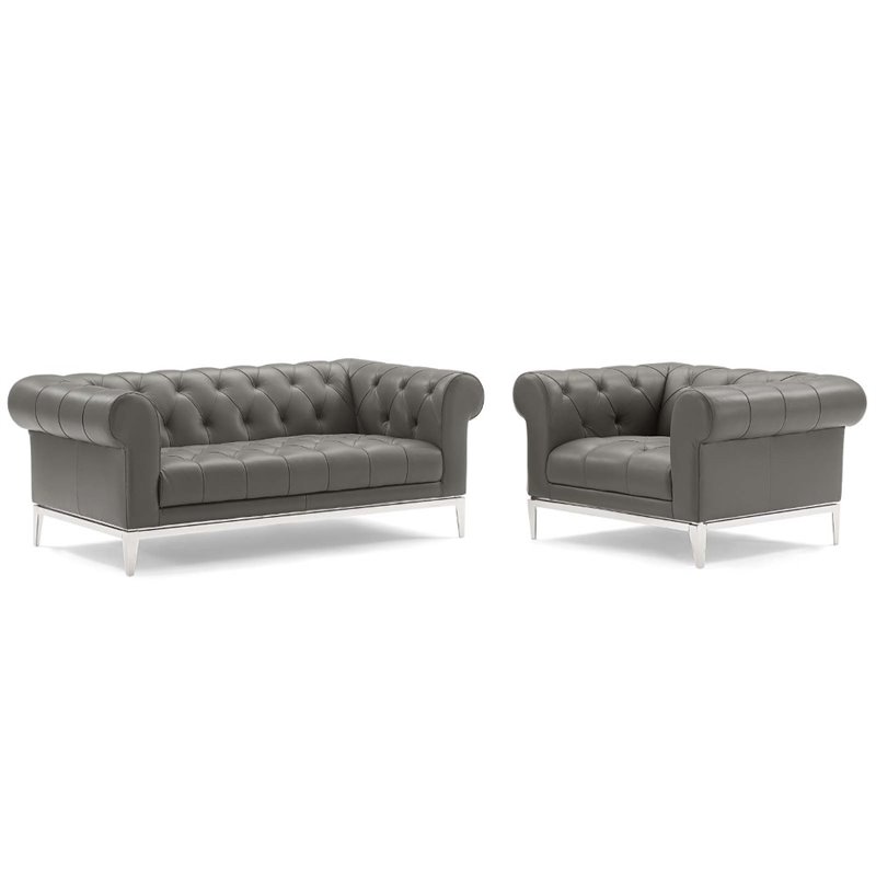 Modway Idyll Tufted Upholstered Leather Loveseat and Armchair in Gray