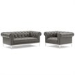 Modway Idyll Tufted Upholstered Leather Loveseat and Armchair in Gray