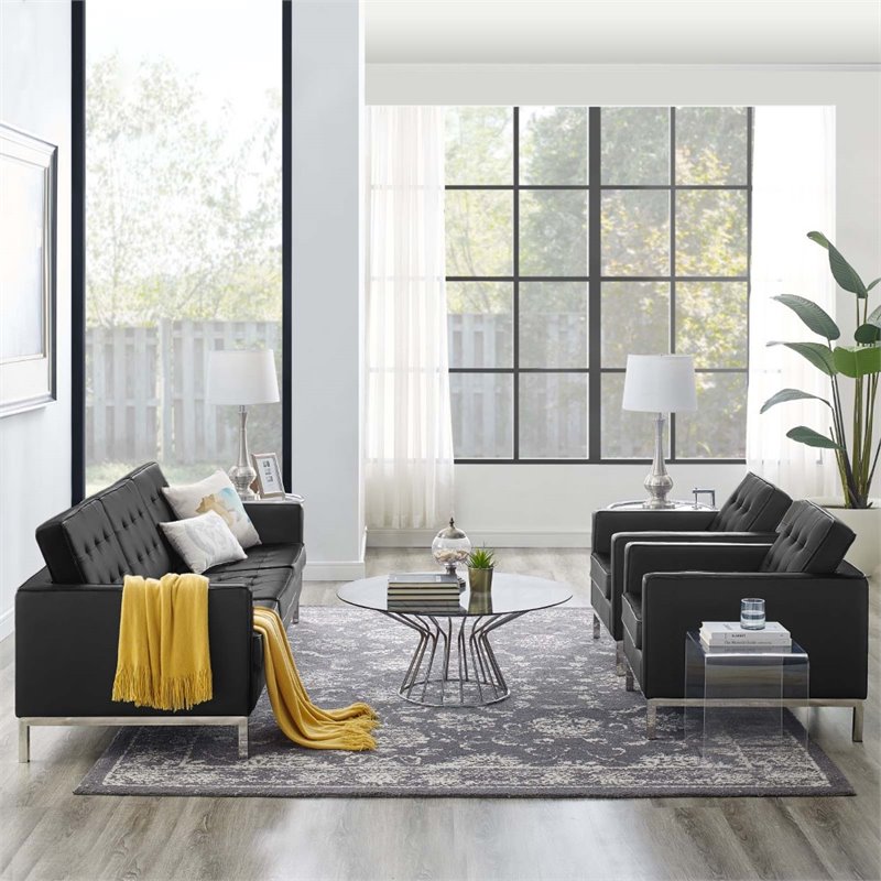 Modway Loft 3-Piece Modern Tufted Faux Leather Sofa Furniture Set in Black