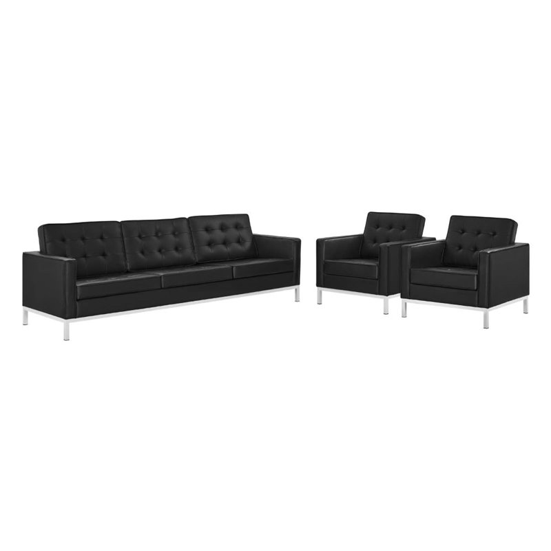 Modway Loft 3-Piece Modern Tufted Faux Leather Sofa Furniture Set in Black